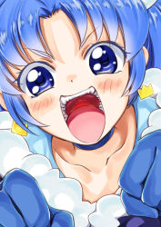 Rule 34 | 10s, 1girl, :d, blue eyes, blue gloves, blue hair, blue neckwear, choker, close-up, collarbone, cure gelato, earrings, gloves, jewelry, kirakira precure a la mode, looking at viewer, magical girl, naruse yasuhiro, open mouth, precure, smile, solo, tategami aoi, teeth, tongue