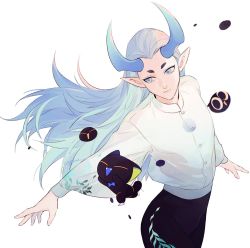 Rule 34 | 2boys, aqua horns, bean mr12, black cat, black pants, blue eyes, cat, closed eyes, cowboy shot, expressionless, highres, horns, long sleeves, luo xiaohei, luo xiaohei (cat), luo xiaohei zhanji, multiple boys, open mouth, pants, pointy ears, shirt, simple background, smile, white background, white shirt, xuhuai (the legend of luoxiaohei)