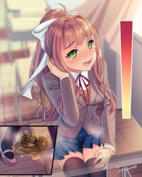 Rule 34 | 1girl, artist name, black thighhighs, blue skirt, blush, breasts, brown hair, brown jacket, chair, classroom, crying, curtains, desk, doki doki literature club, embarrassed, female focus, green eyes, hair ribbon, half-closed eyes, hand on own leg, hand up, indoors, jacket, kakuume, legs together, long hair, long sleeves, looking at viewer, miniskirt, monika (doki doki literature club), multiple views, neck ribbon, nose blush, open mouth, pee, peeing, peeing self, pink footwear, pleated skirt, ponytail, puddle, red ribbon, ribbon, school desk, school uniform, shirt, shoes, signature, sitting, skindentation, skirt, small breasts, smile, sparkle, steam, sweat, tears, teeth, thighhighs, urine meter, wet, wet clothes, white ribbon, white shirt, x-ray, zettai ryouiki