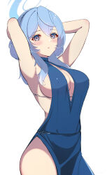 Rule 34 | 1girl, absurdres, ako (blue archive), ako (dress) (blue archive), armpits, arms behind head, black hairband, blue archive, blue dress, blue eyes, blue hair, blue halo, blush, breasts, closed mouth, cowboy shot, dress, hair between eyes, hairband, halo, highres, large breasts, long hair, looking at viewer, melow menow, official alternate costume, sideboob, simple background, sleeveless, sleeveless dress, solo, white background