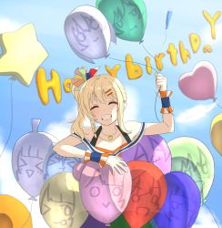 Rule 34 | 1girl, artist name, artist request, back bow, balloon, bare shoulders, blonde hair, blue sky, blue stripes, blue wristband, blush, bow, braid, breasts, brown eyes, cheerleader, closed eyes, cloud, collarbone, crop top, day, female focus, hair between eyes, hair ornament, hair ribbon, hair tie, hairclip, heart, heart necklace, high ponytail, highres, jewelry, long hair, looking at viewer, love live!, love live! nijigasaki high school idol club, love live! school idol festival, miyashita ai, necklace, off shoulder, orange eyes, orange shirt, outdoors, parted lips, pom pom (cheerleading), ponytail, ribbon, saiko heart (love live!), scrunchie, shirt, short ponytail, side ponytail, single braid, single stripe, sky, small breasts, smile, solo, star balloon, tank top, teeth, upper body, wrist cuffs, wrist scrunchie, wristband, yellow eyes
