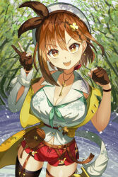 1girl absurdres atelier_(series) atelier_ryza atelier_ryza_2 beret bow braid breasts bright_pupils brown_bag brown_eyes brown_hair cleavage clenched_hand clover_hair_ornament collared_shirt commentary_request cowboy_shot detached_sleeves four-leaf_clover_hair_ornament gloves green_ribbon hair_ornament hands_up hat hat_bow highres ikutu_mono jacket jewelry key key_necklace large_breasts navel neck_ribbon necklace open_mouth partially_fingerless_gloves red_shorts reisalin_stout ribbon shirt shorts single_detached_sleeve sleeveless sleeveless_shirt smile solo teeth upper_teeth_only v water white_hat white_pupils white_shirt yellow_jacket