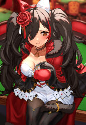 Rule 34 | 1girl, :q, absurdres, animal ears, between breasts, black gloves, black hair, black thighhighs, blurry, blurry background, blush, breasts, cape, card, card between breasts, choker, cleavage, dress, elbow gloves, fake animal ears, flower, fur-trimmed cape, fur trim, gloves, hair between eyes, hair flower, hair ornament, hair over one eye, heart, highres, holding, holding card, hololive, indoors, long hair, looking at viewer, medium breasts, multicolored hair, official alternate costume, on table, ookami mio, ookami mio (wonderland), orange eyes, pantyhose, playing card, queen (playing card), queen of hearts (playing card), red cape, red dress, red flower, red hair, sidelocks, sitting, smile, solo, streaked hair, table, tail, tail around own leg, tail crown, tail wrap, thighhighs, tongue, tongue out, twintails, two-tone dress, uuroncha, virtual youtuber, white dress, wolf girl, wolf tail