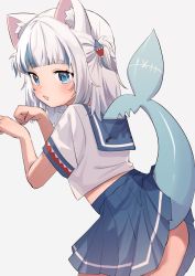 Rule 34 | 1girl, 852 box, animal ear fluff, animal ears, ass, blue eyes, blunt bangs, cat ears, clothes lift, fins, fish tail, gawr gura, gawr gura (casual), hair ornament, highres, hololive, hololive english, lifted by tail, medium hair, midriff, multicolored hair, paw pose, pleated skirt, school uniform, serafuku, shark tail, skirt, skirt lift, streaked hair, tail, virtual youtuber, white background, white hair