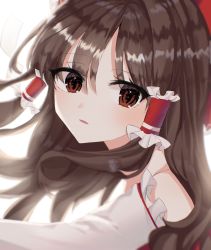 Rule 34 | 1girl, bad id, bad twitter id, bow, brown eyes, brown hair, detached sleeves, frilled hair tubes, frilled sleeves, frills, hair bow, hair tubes, hakurei reimu, highres, japanese clothes, kitty, long hair, looking at viewer, miko, open mouth, red bow, red shirt, shirt, simple background, solo, touhou, upper body, white background, wide sleeves