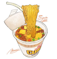 Rule 34 | artist name, commentary request, food, food focus, fork, highres, momiji mao, nissin, nissin cup noodle, no humans, noodles, numbered, product placement, ramen, realistic, signature, simple background, soup, still life, white background