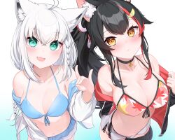 Rule 34 | 2girls, absurdres, ahoge, animal ear fluff, animal ears, aqua eyes, arm behind back, aurahman, bare shoulders, between legs, bikini, bikini under clothes, bikini under shorts, black choker, black hair, black jacket, blue bikini, blush, braid, breasts, choker, cleavage, collarbone, cross-laced clothes, cross-laced shorts, double-parted bangs, drawstring, dutch angle, eyeshadow, fox ears, fox girl, fox shadow puppet, from above, front-tie bikini top, front-tie top, hair ornament, hair ribbon, halterneck, hand up, high ponytail, highres, hololive, jacket, large breasts, leaf print, long hair, long sleeves, looking at viewer, makeup, medium breasts, multicolored hair, multiple girls, navel, off shoulder, official alternate costume, official alternate hairstyle, ookami mio, ookami mio (hololive summer 2019), open clothes, open fly, open jacket, open mouth, paid reward available, pendant choker, pink eyeshadow, print bikini, red hair, red jacket, red ribbon, ribbon, shirakami fubuki, shirakami fubuki (hololive summer 2019), short shorts, shorts, side-tie bikini bottom, side slit, side slit shorts, sideboob, sidelocks, simple background, skindentation, slit pupils, standing, streaked hair, string bikini, swimsuit, tail, tail around own leg, tail between legs, tail wrap, thigh strap, two-sided fabric, two-sided jacket, two-tone ribbon, unzipped, very long hair, virtual youtuber, wading, water, white background, white bikini, white jacket, white ribbon, white shorts, wolf ears, wolf girl, wolf tail, yellow eyes, zipper