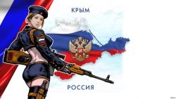 Rule 34 | 1girl, gun, highres, natalia poklonskaya, rifle, russian text, solo, weapon