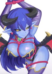Rule 34 | 1girl, absurdres, armor, armpits, arms up, astaroth (shinrabanshou), bdsm, black sclera, blue hair, blue skin, bondage, bound, breasts, colored sclera, colored skin, demon wings, detached sleeves, earrings, gold, highres, horns, huge breasts, jewelry, light blush, long hair, nuclear82, pointy ears, shinrabanshou, smile, thighhighs, white background, wings, yellow eyes