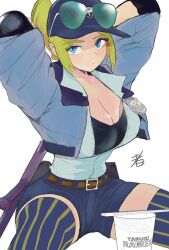 Rule 34 | 1girl, arms up, badge, blonde hair, blue eyes, breasts, capcom, cleavage, curvy, elbow pads, final fight, final fight 3, freckles, hat, highres, hiroshi mono, jacket, large breasts, lucia morgan, police, police badge, police uniform, policewoman, ponytail, shorts, sitting, spread legs, street fighter, street fighter v, sunglasses, sunglasses on head, thick thighs, thighhighs, thighs, uniform