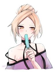 Rule 34 | 1girl, alternate hairstyle, bare shoulders, blonde hair, blush, collarbone, counter:side, eating, flat chest, food in mouth, highres, laura beatrix, loose clothes, md5 mismatch, popsicle, popsicle in mouth, resolution mismatch, signature, solo, source smaller, sweat, white background, yellow eyes, zanlyu