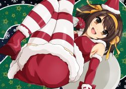 Rule 34 | 1girl, bow, breasts, brown eyes, brown hair, christmas, commentary request, countdown, elbow gloves, fur trim, gloves, hairband, happy, haruhisky, hat, high heels, holding, holding sack, medium breasts, mini hat, open mouth, red bow, red footwear, red gloves, red heels, ribbon, sack, santa hat, short hair, snowflakes, solo, striped clothes, striped thighhighs, suzumiya haruhi, suzumiya haruhi no yuuutsu, thighhighs, yellow hairband, yellow ribbon