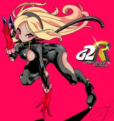Rule 34 | 1girl, ass, blonde hair, bodysuit, breasts, closed mouth, dark skin, dark-skinned female, gravity daze, hairband, kitten (gravity daze), long hair, looking at viewer, persona, persona 5, persona 5 the royal, pungter, red eyes, sideboob, simple background, smile, solo