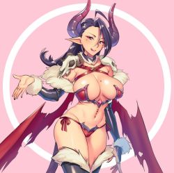 Rule 34 | 1girl, ahoge, armor, bikini, black thighhighs, breasts, bridal gauntlets, cameltoe, cleavage, commission, demon girl, demon tail, demon wings, detached sleeves, elbow gloves, feather boa, gloves, hair over one eye, horns, huge ahoge, iris lilith vandella carmen, jewelry, large breasts, licking lips, lips, long hair, lowleg, lowleg bikini, minamoto (mutton), mole, mole on breast, mole under eye, pauldrons, pink bag, pink eyes, pointy ears, purple hair, purple horns, red bikini, ring, second-party source, shoulder armor, skull, solo, standing, swimsuit, tail, thighhighs, thighs, tongue, tongue out, underbust, waifusplit, wings