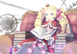 Rule 34 | 10s, 1girl, :o, beatrice (re:zero), blonde hair, blue eyes, blush, book, book stack, bow, bug, butterfly, capelet, chain, couch, crown, dress, drill hair, frills, fur trim, gears, hair bow, hair ribbon, insect, lace-trimmed sleeves, lace trim, long hair, long sleeves, looking at viewer, mini crown, open book, pantyhose, pink bow, re:zero kara hajimeru isekai seikatsu, red dress, revision, ribbon, sitting, solo, striped clothes, striped pantyhose, symbol-shaped pupils, transparent, twin drills, twintails, white background, wide sleeves, zzzzxxx2010nian