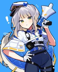 Rule 34 | !, 1girl, blue background, blue pants, blush, commentary, dog tail, gloves, gradient hair, grey hair, hand on own hip, hat, holding, holding megaphone, long hair, megaphone, multicolored hair, nijisanji, pants, police hat, shioriha ruri, smile, solo, tail, two side up, very long hair, virtual youtuber, waka (wk4444), white gloves, white hair, yellow eyes