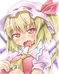 Rule 34 | 1girl, ascot, blonde hair, blush, drooling, fang, female focus, flandre scarlet, hat, highres, nyagakiya, open mouth, red eyes, side ponytail, solo, embodiment of scarlet devil, touhou, upper body, wings