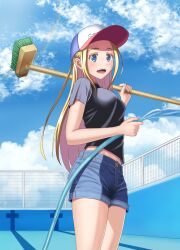 Rule 34 | 1girl, absurdres, baseball cap, black shirt, blonde hair, blue eyes, blue shorts, blue sky, breasts, chain-link fence, cleaning brush, cloud, cowboy shot, day, denim, denim shorts, empty pool, fence, forehead, hat, highres, hose, kofune ushio, kyouji44288608, long hair, open mouth, outdoors, pool, shirt, shorts, sky, small breasts, solo, summertime render, t-shirt, very long hair, water
