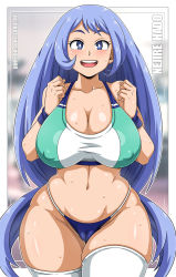 Rule 34 | 1girl, bare shoulders, blue eyes, blue hair, blue panties, blurry, blurry background, boku no hero academia, border, breasts, cameltoe, cleavage, cleft of venus, collarbone, covered erect nipples, cowboy shot, hadou nejire, highres, large breasts, long hair, looking at viewer, matching hair/eyes, midriff, navel, open mouth, panties, sano br, skindentation, smile, solo, sports bra, sportswear, standing, sweat, teeth, thick thighs, thighhighs, thighs, thong, underwear, upper teeth only, white border, white thighhighs, wristband