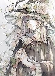 Rule 34 | 1girl, black dress, black eyes, black hat, bow, bug, butterfly, butterfly on hat, dress, earrings, flower, flower earrings, frilled hat, frilled sleeves, frills, hat, hat bow, hat flower, highres, insect, jewelry, long hair, long sleeves, looking at viewer, original, own hands together, rose, solo, toaruocha, white bow, white butterfly, white flower, white hair, white rose, witch hat