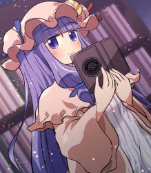 Rule 34 | 1girl, blue ribbon, blush, book, bookshelf, closed mouth, crescent, crescent hat ornament, dress, hat, hat ornament, holding, holding book, long hair, long sleeves, mob cap, patchouli knowledge, pink hat, purple eyes, purple hair, red ribbon, ribbon, rokugou daisuke, smile, solo, striped clothes, striped dress, touhou, upper body, vertical-striped clothes, vertical-striped dress, white dress