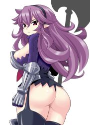 Rule 34 | 1girl, armor, armor knight (disgaea), ass, axe, breasts, disgaea, disgaea d2, konno tohiro, long hair, looking at viewer, purple hair, red eyes, simple background, solo, weapon, white background
