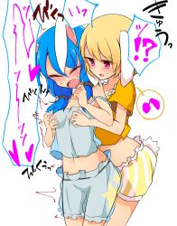 Rule 34 | 2girls, animal ears, blonde hair, bloomers, blue hair, blush, camisole, closed eyes, commentary request, covered erect nipples, grabbing, grabbing another&#039;s breast, grabbing from behind, highres, inon, long hair, low twintails, midriff, moaning, multiple girls, navel, nipple stimulation, nipple tweak, open mouth, orgasm, rabbit ears, rabbit tail, ringo (touhou), see-through, seiran (touhou), shirt, short hair, tail, touhou, trembling, twintails, underwear, yellow shirt, yuri