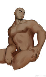 Rule 34 | 1boy, absurdres, bara, beard stubble, buzz cut, convenient leg, cropped legs, facial hair, head tilt, highres, large pectorals, male focus, mature male, muscular, muscular male, mustache stubble, navel hair, nipples, nude, original, pectorals, powerlesssong, short hair, sitting, solo, stubble, thick eyebrows, thick thighs, thighs, turning head, unfinished, very short hair