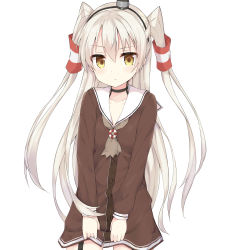 Rule 34 | 10s, 1girl, amatsukaze (kancolle), blush, brown eyes, buttons, collarbone, cowboy shot, dress, dress tug, garter straps, grey neckerchief, hair tubes, highres, huwari (dnwls3010), kantai collection, long hair, long sleeves, looking at viewer, neckerchief, sailor collar, sailor dress, short dress, silver hair, simple background, solo, two side up, white background