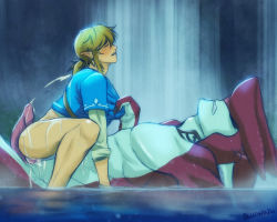 Rule 34 | 2boys, blonde hair, bludwing, cum, highres, interspecies, ling (singer), link, male focus, multiple boys, nintendo, orgasm, outdoors, sidon, size difference, straddling, the legend of zelda, the legend of zelda: breath of the wild, water, wince, yaoi