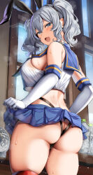 Rule 34 | 1girl, :d, artist name, ass, belko, blue eyes, blue sailor collar, blue skirt, blue sky, blush, bottle, breasts, butt crack, cosplay, crop top, dated, day, elbow gloves, electric fan, gloves, grey hair, highres, huge ass, kantai collection, kashima (kancolle), large breasts, looking at viewer, looking back, microskirt, open mouth, panties, rabbit ears, sailor collar, school uniform, serafuku, shimakaze (kancolle) (cosplay), shirt, sideboob, skindentation, skirt, sky, smile, solo, striped clothes, striped thighhighs, sweat, sweat stain, thick thighs, thighhighs, thighs, thong, twintails, underwear, water bottle, white gloves, white shirt, window