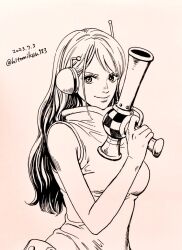 Rule 34 | 1girl, belt pouch, closed mouth, commentary request, dated, gankyuumikan, greyscale, gun, heattech leotard, holding, holding gun, holding weapon, leotard, long hair, looking at viewer, monochrome, nami (one piece), one piece, pouch, sleeveless turtleneck leotard, smile, solo, turtleneck, twitter username, upper body, weapon