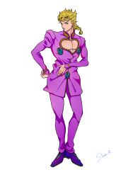 Rule 34 | 1boy, absurdres, blonde hair, closed mouth, clothing cutout, earrings, full body, giorno giovanna, green eyes, highres, jacket, jewelry, jojo no kimyou na bouken, long hair, long sleeves, looking at viewer, male focus, muscular, muscular male, pants, pink footwear, pink jacket, pink pants, signature, simple background, solo, vento aureo, watawata nr (siroraku), white background