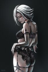 Rule 34 | 1girl, arlecchino (genshin impact), arm tattoo, ass, bare shoulders, black background, black bra, black panties, bra, closed eyes, commentary, cowboy shot, garter belt, genshin impact, highres, panties, solleen, solo, standing, tattoo, thighs, underwear, white hair