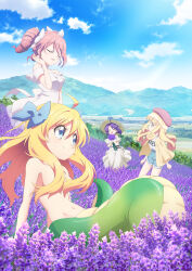 Rule 34 | 4girls, ahoge, bare shoulders, blonde hair, blue eyes, blue shorts, blush, breasts, closed eyes, closed mouth, drill hair, field, flower, flower field, green eyes, hair ribbon, hat, highres, jashin-chan, jashin-chan dropkick, lamia, large breasts, long hair, medusa (jashin-chan dropkick), monster girl, mountain, multiple girls, navel, official art, open mouth, outdoors, pink hair, pino (jashin-chan dropkick), poporon (jashin-chan dropkick), purple hair, ribbon, short hair, shorts, sky, small breasts, smile, twintails