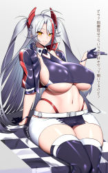 Rule 34 | 1girl, ahoge, azur lane, belt, black thighhighs, bokuno, breasts, clothing cutout, cropped jacket, cropped shirt, cross, curvy, earpiece, gloves, half gloves, headgear, highres, huge breasts, iron cross, jacket, long hair, looking at viewer, mole, mole on breast, multicolored hair, navel, official alternate costume, orange eyes, panties, panty straps, parted lips, prinz eugen (azur lane), prinz eugen (final lap) (azur lane), purple jacket, race queen, racetrack, red panties, sideboob, silver hair, sitting, smile, solo, streaked hair, thighhighs, two-tone skirt, two side up, underboob, underboob cutout, underwear, very long hair, white belt, wide hips