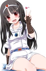 Rule 34 | 1girl, belt, black hair, breasts, circlet, dress, druaga no tou, elbow gloves, fingerless gloves, gloves, highres, jewelry, ki (druaga), long hair, looking at viewer, noto (soranoto), open mouth, pendant, red eyes, simple background, smile, solo, v, white background