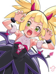 Rule 34 | 1girl, :o, armlet, armpits, black dress, black hairband, blonde hair, blurry, blush, breasts, commentary request, cosplay, creatures (company), dress, eyelashes, fake horns, fangs, game freak, green eyes, hairband, hands up, highres, horns, iris (fall 2022) (pokemon), iris (fall 2022) (pokemon) (cosplay), iris (pokemon), iris (pokemon) (cosplay), kinocopro, lillie (pokemon), long hair, looking at viewer, nintendo, open mouth, pokemon, pokemon masters ex, pokemon sm, simple background, small breasts, solo, tongue, white background, wrist cuffs