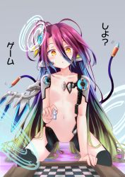 Rule 34 | 1girl, :o, android, asymmetrical wings, black thighhighs, blue hair, blush, brown eyes, chess piece, chessboard, collarbone, flat chest, gradient hair, green hair, grey background, hair between eyes, hakuya (white night), head tilt, holding, kneeling, long hair, looking at viewer, mechanical wings, multicolored hair, navel, no game no life, no nipples, nude, parted lips, purple hair, robot ears, shuvi (no game no life), single wing, solo, thighhighs, translated, very long hair, wings