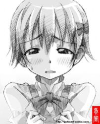 Rule 34 | 1girl, bow, female focus, gofu, gradient background, greyscale, hair bow, inami mahiru, monochrome, short hair, sketch, solo, spot color, sweatdrop, traditional media, white background, working!!