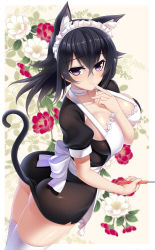 Rule 34 | 1girl, animal ear fluff, animal ears, ass, black hair, breasts, cat ears, cat tail, dragonmaterial, finger to mouth, flower, highres, konohana enishi, large breasts, light smile, long hair, looking at viewer, original, purple eyes, solo, tail, thighhighs, thighs, white thighhighs