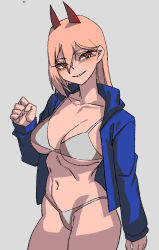 Rule 34 | belly, blonde hair, blue jacket, bra, breasts, chainsaw man, horns, jacket, large breasts, long hair, navel, power (chainsaw man), smirk, thong, underwear, yellow eyes, zakusi