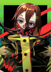 Rule 34 | 1girl, barcode, barcode tattoo, black gloves, black jacket, brown hair, commentary request, cyberpunk, gloves, green eyes, hair between eyes, hair ornament, hairclip, head tilt, high collar, highres, jacket, looking at viewer, original, short hair, solo, soupchan, tattoo, upper body