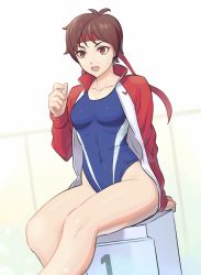 Rule 34 | 1girl, alternate costume, blue one-piece swimsuit, breasts, brown eyes, brown hair, capcom, collarbone, commentary request, competition swimsuit, covered navel, dutch angle, hand up, headband, jacket, kasugano sakura, long sleeves, looking away, noppo (tarstation), one-piece swimsuit, open mouth, podium, red headband, red jacket, shiny skin, short hair, sitting, small breasts, solo, street fighter, street fighter v, swimsuit, track jacket