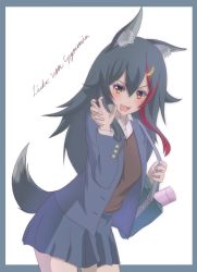 Rule 34 | 1girl, :d, animal ear fluff, animal ears, artist name, bag, black hair, blue jacket, blue skirt, claw pose, handbag, highres, hololive, jacket, long hair, multicolored hair, ookami mio, open mouth, pleated skirt, red hair, shirt, skirt, smile, streaked hair, sweater, tail, two-tone hair, virtual youtuber, wolf ears, wolf tail, yellow eyes