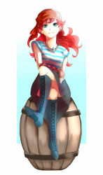 Rule 34 | 1girl, alternate costume, bad id, bad pixiv id, bandana, barrel, blue eyes, boots, crossed legs, dragon quest, dragon quest vii, jewelry, kotarou (capslock2), long hair, maribel (dq7), necklace, red hair, shirt, sitting, skirt, smile, solo, striped clothes, striped shirt