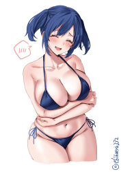 Rule 34 | 1girl, alternate costume, arms under breasts, bare shoulders, bikini, blue bikini, blue hair, blush, breasts, closed eyes, collarbone, commentary request, cowboy shot, cropped legs, crossed arms, ebifurya, facing viewer, hair between eyes, highres, kantai collection, large breasts, long hair, navel, one-hour drawing challenge, open mouth, short hair, side-tie bikini bottom, sidelocks, simple background, solo, souryuu (kancolle), spoken blush, stomach, string bikini, sweat, swimsuit, thighs, twitter username, two side up, white background