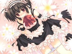 Rule 34 | 00s, 1girl, apron, arm garter, black dress, blush, bow, bow panties, brown eyes, brown hair, clothes lift, dress, dress lift, dutch angle, frilled dress, frills, headdress, lingerie, mitsumi misato, panties, panty pull, petticoat, short hair, short twintails, solo, strap slip, to heart (series), to heart 2, twintails, underwear, wallpaper, white panties, yuzuhara konomi