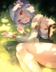 Rule 34 | 1girl, bad id, bad pixiv id, blush, breasts, dappled sunlight, detached sleeves, flower, grass, hair between eyes, hair flower, hair ornament, harusame (user wawj5773), highres, kokkoro (princess connect!), looking at viewer, lying, medium breasts, on side, open mouth, pointy ears, princess connect!, red eyes, short hair, silver hair, smile, solo, sunlight, thighs