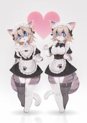 Rule 34 | 1girl, 2girls, absurdres, animal ears, apron, asymmetrical legwear, black bow, black dress, black thighhighs, blonde hair, blue eyes, bow, bright pupils, cat ears, cat girl, cat tail, claws, corset, dress, female focus, frills, furry, furry female, hair between eyes, hair bow, head tilt, heart, heart background, highres, looking at viewer, maid, maid apron, maid headdress, mismatched legwear, multiple girls, open mouth, original, paw pose, siblings, solo, tail, thighhighs, twins, uyu (soda uyu), white bow, white pupils, white thighhighs, zettai ryouiki